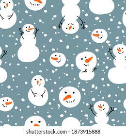 Vector seamless pattern with snowman, snow. Winter simple, stylish Scandinavian repeat texture for wrapping, web page background, Christmas, New Year greeting card, fabrics, home decor, scrapbooking