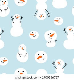 Vector seamless pattern with snowman, snow. Winter simple, stylish Scandinavian repeat texture for wrapping, web page background, Christmas, New Year greeting card, fabrics, home decor, scrapbooking