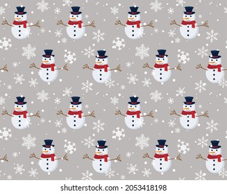 Vector seamless pattern with snowman, snow. Winter simple, stylish Scandinavian repeat texture for wrapping, web page background, Christmas, New Year  Eps 10