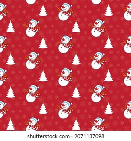 Vector seamless pattern of snowman, white christmas trees with star on red background with snowflake,wrapping paper,surface textures,textile,fabric,print,cards,winter,Merry Christmas,Happy New Year.