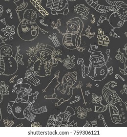 Vector seamless pattern of snowmen. Chalk snowmen on blackboard background. Snowmen are singing, skating, skiing. Candy canes, gift boxes, Christmas baubles, birds, garland, stars.