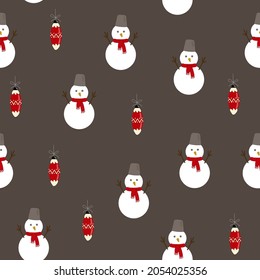 Vector seamless pattern with snowmen and Christmas tree decorations. Winter Christmas and New Year print