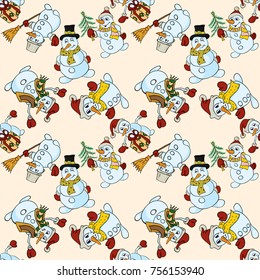 vector seamless pattern of snowmen in different poses