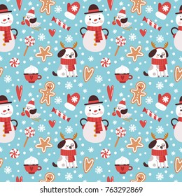 Vector seamless pattern with snowmen and gingerbread men. New Year background with funny characters