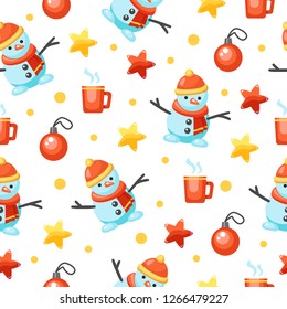 Vector seamless pattern with snowmen in hats and scarves, cups, balls and stars. Cartoon holiday background. Cute Xmas wrapping paper. Bright winter illustration. Christmas wallpaper