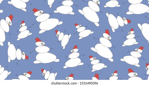 Vector seamless pattern. Snowmen on a blue background. Concept of Christmas, New year, winter. Flat snowman ornament for wrapping paper, packaging, fabric, textile.