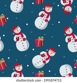 Vector seamless pattern with snowmen and snowflakes on a blue background. Great for wallpapers, wrapping paper, fabric, website backgrounds, Christmas cards.