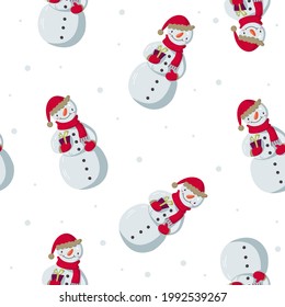 Vector seamless pattern with snowmen and snowflakes on a white background. Great for wallpapers, wrapping paper, fabric, website backgrounds, Christmas cards.