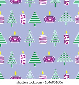 Vector seamless pattern with snowy christmas trees and retro candles on sky blue background. Perfect for christmas and new year decor, home decor, wrapping paper, gift boxes, bedding and fabric.