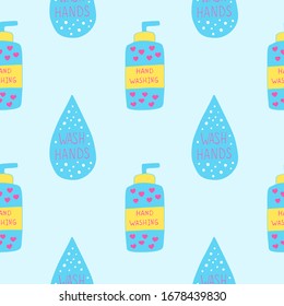 Vector seamless pattern with soap bottle and water drop with hand washing text. Poster about hygiene. Restroom or bathroom print, toilet quote. Safety measure against viruses and bacteria