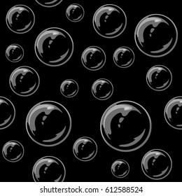 Vector seamless pattern with soap bubbles on dark background.