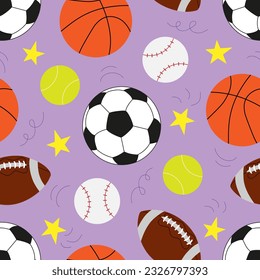 Vector seamless pattern with soccer balls, basketball, American football ball, tennis ball and baseball in cartoon style