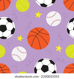 Vector seamless pattern with soccer balls, basketball, American football ball, tennis ball and baseball in cartoon style