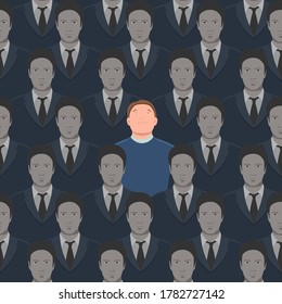 Vector seamless pattern, social concept with identical grey suited men and one colored looking up. One special person in the crowd. Stand out in a crowd.  Metaphor of personality or individuality.