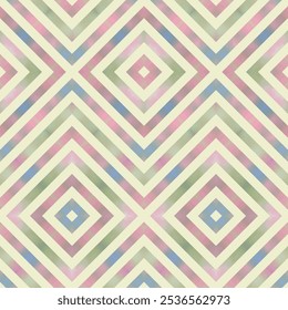 Vector seamless pattern of soft pastel colors zig zag diamond design with beige, pink, and green gradients, ideal for digital backgrounds or home decor.