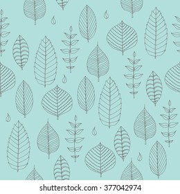 Vector Seamless pattern in soft tones with sample hand drawn doodle leaves . Ecological concept or spring vector background. 