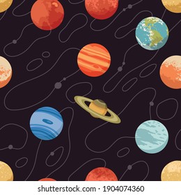 Vector seamless pattern with solar system planets and stars
