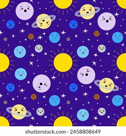 Vector seamless pattern,  solar system with cute kids planets characters,  Earth, Sun, Mercury, Venus, Mars, Jupiter, Saturn, Uranus, Neptune, Pluto.

