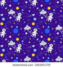 Vector seamless pattern, solar system planets with cute kids spaceship and cat as astronaut.
