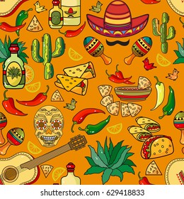 Vector seamless pattern. Sombrero, guitar, pepper, cactus on yellow background. 