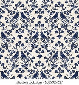 Vector seamless pattern with songbird and flowers