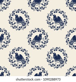 Vector seamless pattern with songbird and flowers