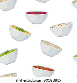 Vector Seamless Pattern, Soup Bowls on White Background, Different Soups.