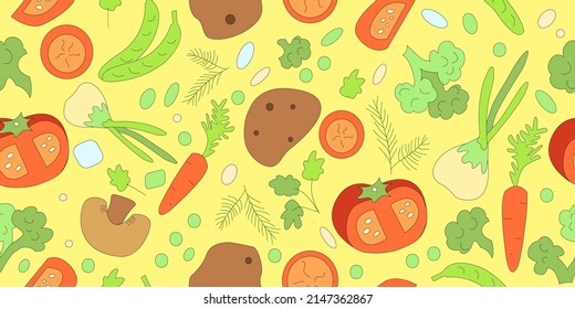vector seamless pattern soup. vegetables. yellow background