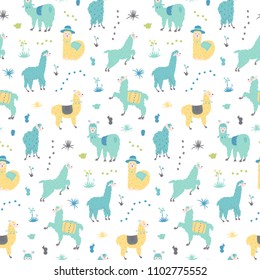 Vector seamless pattern with south America cute llama with decorations. Isolated outline cartoon baby llama. Hand drawn Peru animal guanaco, alpaca, vicuna. Drawing for print, fabric