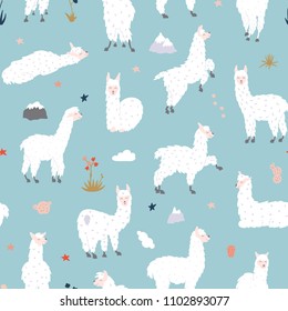 Vector seamless pattern with south America cute llama with decorations. Isolated outline cartoon baby llama. Hand drawn Peru animal guanaco, alpaca, vicuna. Drawing for print, fabric