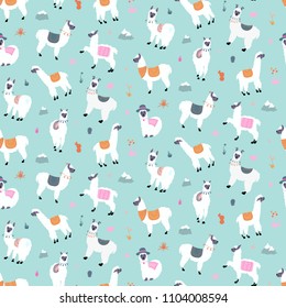 Vector seamless pattern with south America cute llama with decorations. Isolated outline cartoon baby llama. Hand drawn Peru animal guanaco, alpaca, vicuna. Drawing for print, fabric