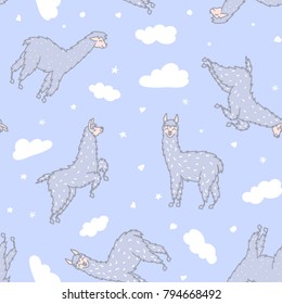 Vector seamless pattern with south America cute lama with decorations. Isolated outline cartoon baby llama. Hand drawn Peru animal guanaco, alpaca, vicuna. Drawing for print, fabric.