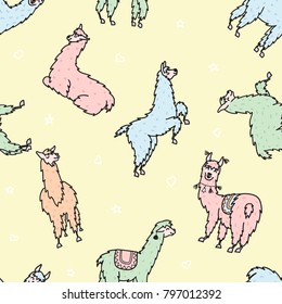 Vector seamless pattern with south America cute lama with decorations. Isolated outline cartoon baby llama. Hand drawn Peru animal guanaco, alpaca, vicuna. Drawing for print, fabric.