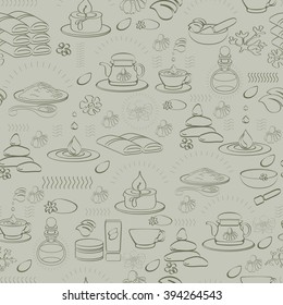 Vector seamless pattern with spa accessories on  light background.