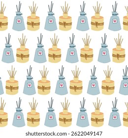 Vector seamless pattern with spa and relaxation items. Cozy pictures with candles, aromatherapes, masks, etc. Relaxation time. For paper, packaging, banners, textiles, wallpaper.