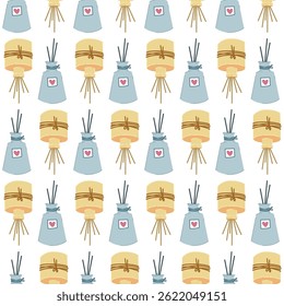 Vector seamless pattern with spa and relaxation items. Cozy pictures with candles, aromatherapes, masks, etc. Relaxation time. For paper, packaging, banners, textiles, wallpaper.