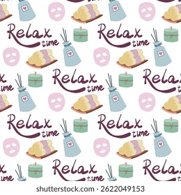 Vector seamless pattern with spa and relaxation items. Cozy pictures with candles, aromatherapes, masks, etc. Relaxation time. For paper, packaging, banners, textiles, wallpaper.