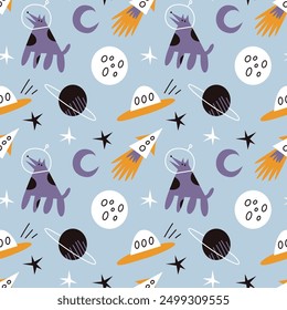 Vector seamless pattern with space and astronaut dogs. Modern design for fabric and paper, surface textures. 
