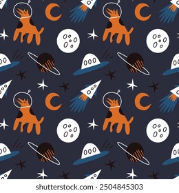 Vector seamless pattern with space and astronaut dogs. Modern design for fabric and paper, surface textures. 