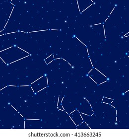 Vector seamless pattern. Space background night sky with the image of the constellations Ursa Minor, Ursa Major, Orion, Libra, Cancer. Elements for an astronomical astrological design