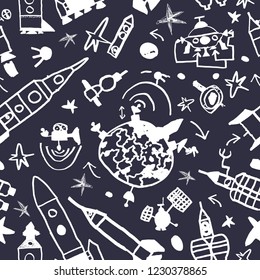 Vector seamless pattern of space in cartoon style. Futuristic art line doodle illustration Graphic set of earth, planet, rocket, star, moon Simple hand drawn design, black background Cute child sketch