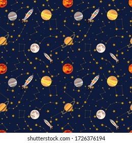 Vector seamless pattern, space colorful illustration, constellations and planets, spaceship rocker, cartoon graphic backdrop, background template.