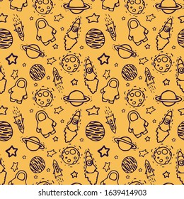 Vector seamless pattern with space elements on the yellow background. Planets, stars, rockets, austronaut. Cartoon doodle style. Handraw. For textile design, children's room, wallpapper.