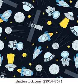 Vector seamless pattern with space elements. Vector flat illustration for textile, fabric, wallpaper, web design