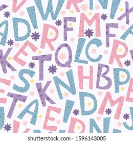 Vector seamless pattern with space letters. Star alphabet. Pink and blue colors. Stars and constellations