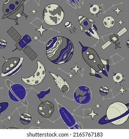 Vector seamless pattern with space objects, astronaut and spaceships, doodle style, cartoon design