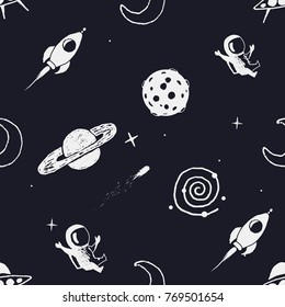 Vector seamless pattern with space objects .Hand drawn style