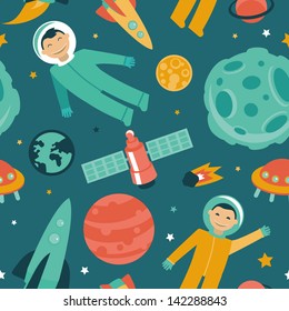 Vector seamless pattern with space and planets - astronaut in space
