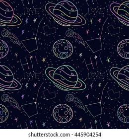 vector seamless pattern space, planets and stars.