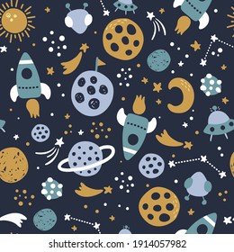 vector seamless pattern, space related objects on dark blue background